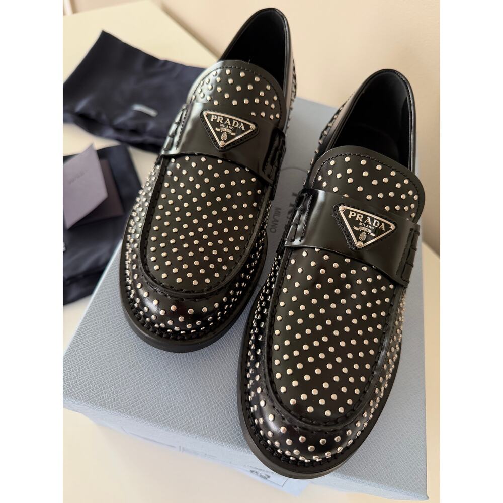 NWT Prada Spazzolato Leather Studded Loafers Black Women's Size 36.5 $1390
